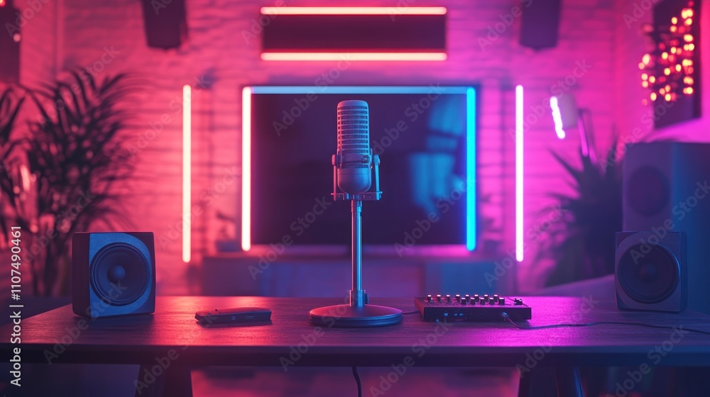 Poster a microphone sits on a table in a recording studio with speakers, a mixing board and neon lights in 