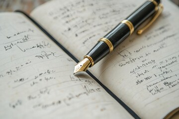 Elegant fountain pen rests on an open journal filled with elegant cursive handwriting.