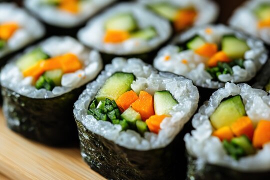 Close-up of delicious vegetable sushi rolls on a wooden board. - Powered by Adobe