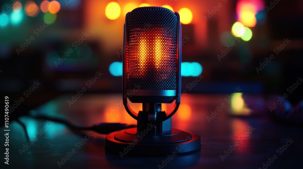 Poster a close-up shot of a microphone on a table with colorful lights in the background.