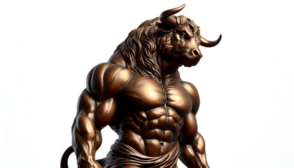 A majestic bronze statue of a minotaur, standing tall and proud. The minotaur has a muscular build, with intricate details on its fur and horns. The statue is polished to a shine, with a rich, warm br