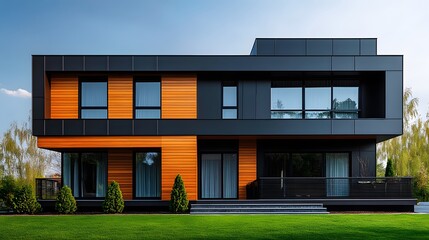 Obraz premium Contemporary house exterior featuring&nbsp;geometric design with wood and metal cladding. Minimalist facade combines black metal panels and warm wood siding with large window elements.