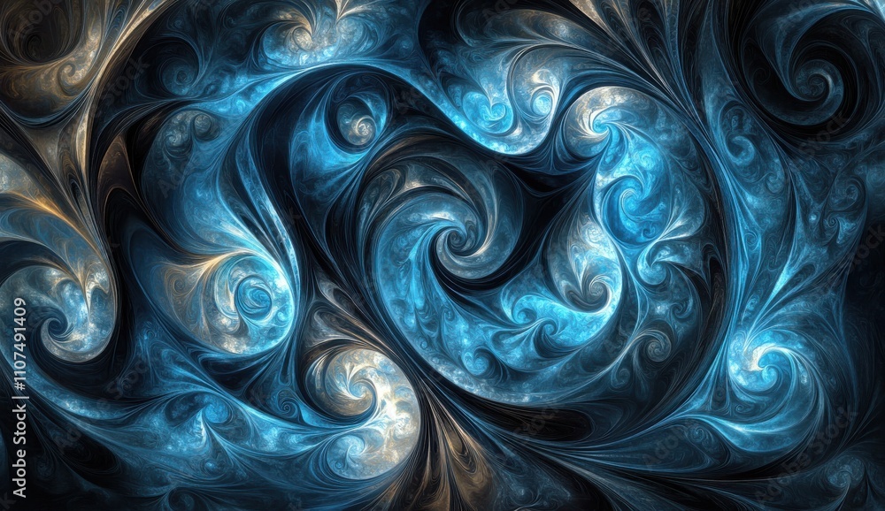 Poster Abstract Blue Swirl Pattern with Intricate Design Elements, Perfect for Backgrounds or Digital Art Projects Featuring Fluid Shapes and Vibrant Colors