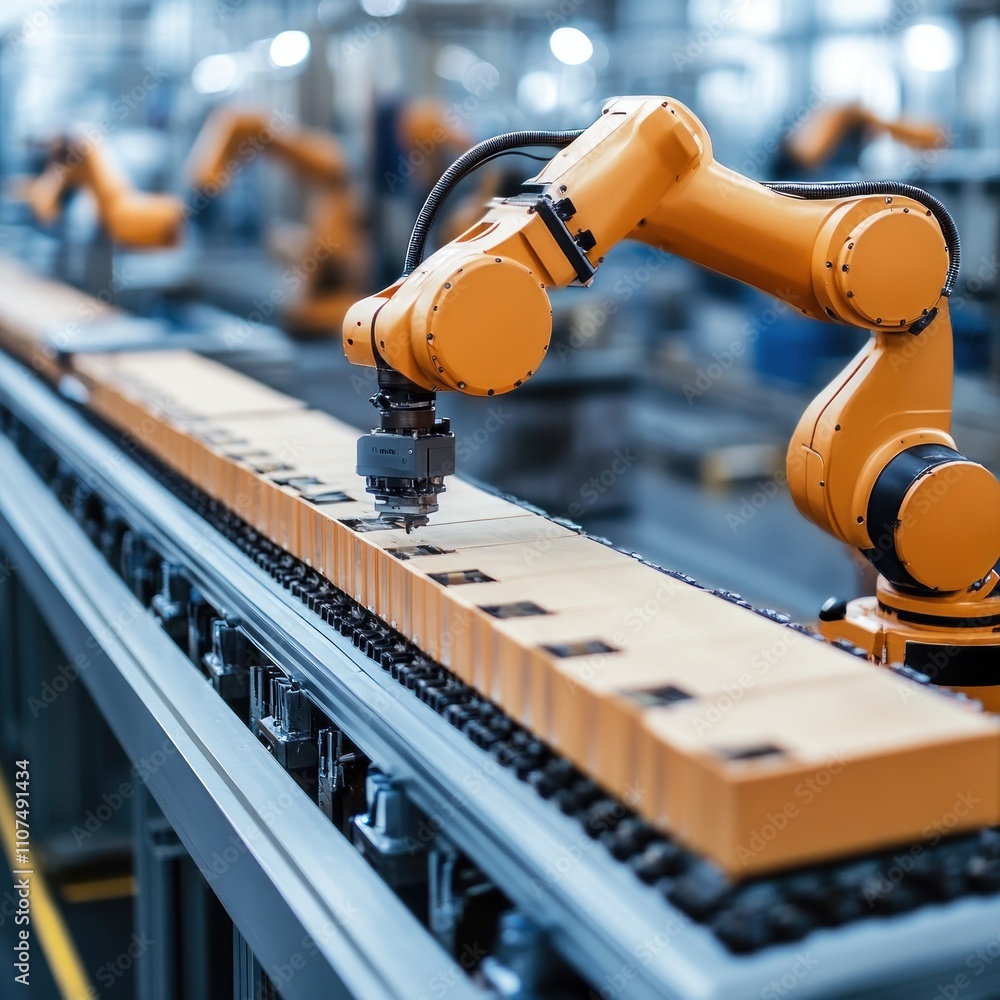 Aufkleber automated robotic arm on assembly line placing components onto conveyor belt in modern factory.