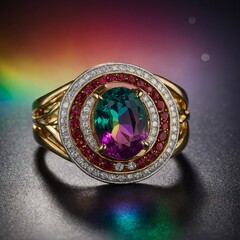 A rainbow-colored gemstone ring, displayed on a prism light background.