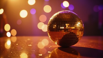 Obraz premium Lively party scene featuring a shimmering gold disco ball and its reflective bokeh effects against a festive backdrop Shiny Glittering Reflections