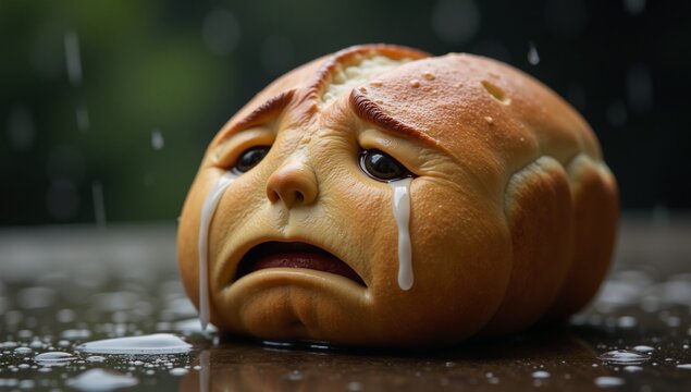Mournful crying bread in pouring rain Disappointed Sandwich