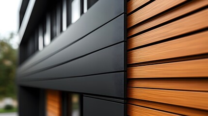 Obraz premium Contemporary house exterior featuring&nbsp;geometric design with wood and metal cladding. Minimalist facade combines black metal panels and warm wood siding with large window elements.