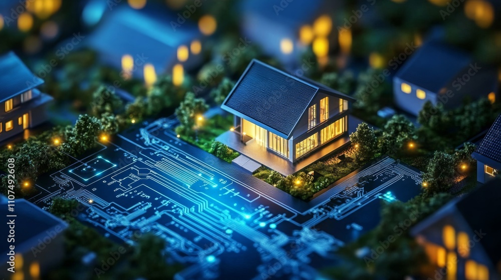 Poster a modern house stands out in a digital landscape, surrounded by illuminated homes. the streets are h