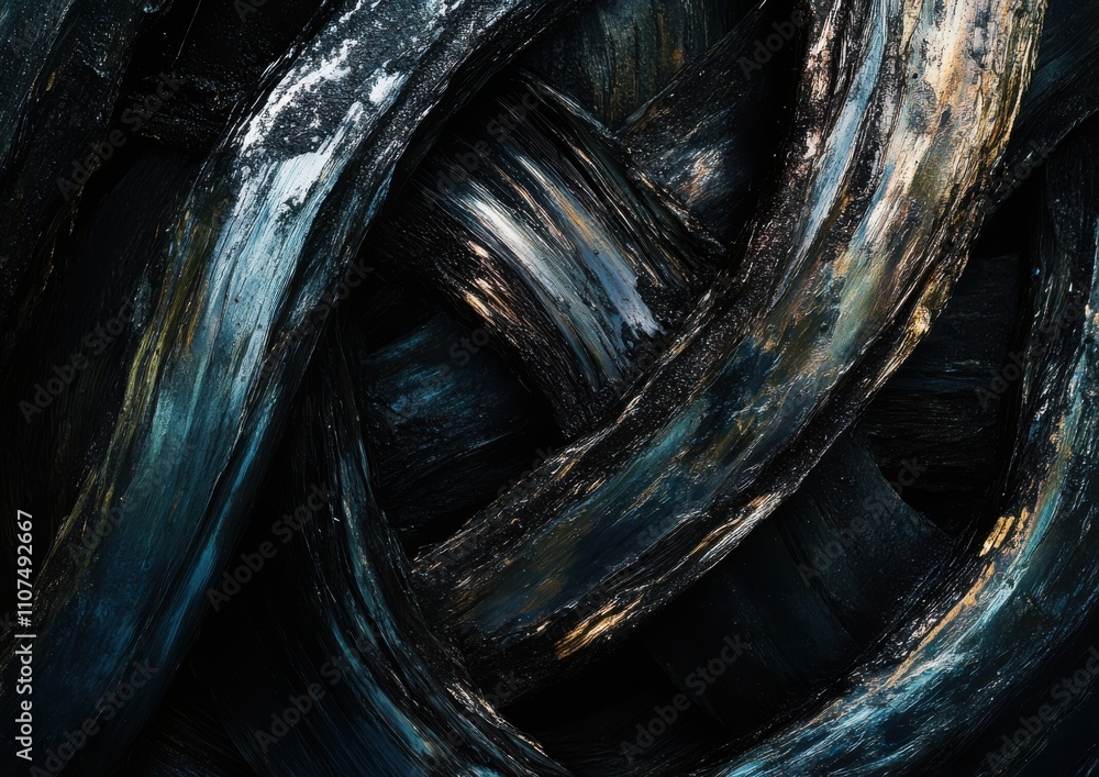Poster abstract close-up of intertwined dark twisted wood with a textured surface, showcasing intricate pat