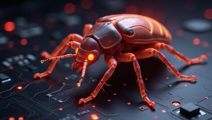 A radiant cyberbug crawls over a digital circuit board symbolizing computer viruses and security...