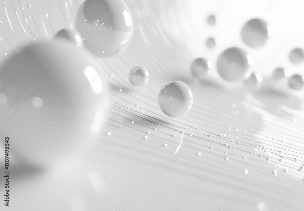 Poster abstract composition featuring floating glossy spheres on a smooth white surface, creating a modern 