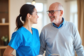 Young woman in blue scrubs beside elderly man walker