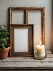 The blank wooden frame is complemented by flowers and green plants.