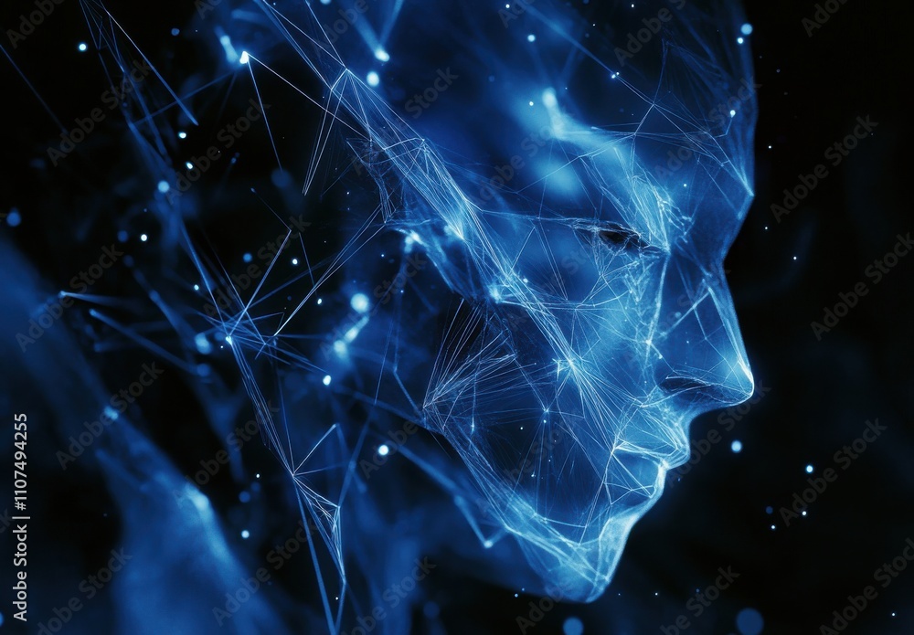 Poster abstract depiction of a futuristic human face created with blue glowing lines and particles represen