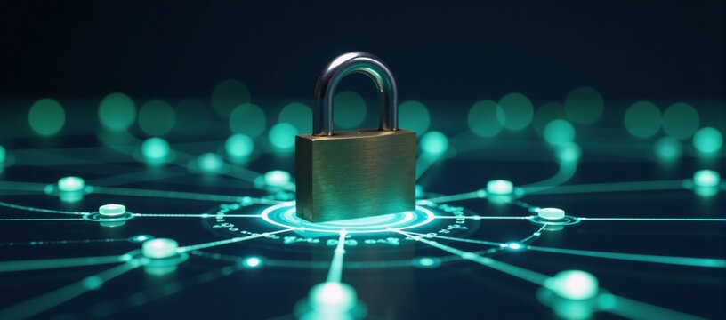 Padlock encircled by glowing network connections signifies digital security and safety