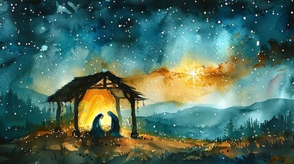 Watercolor painting of the nativity scene at night, showing Mary, Joseph, and baby Jesus in a manger with a bright star.