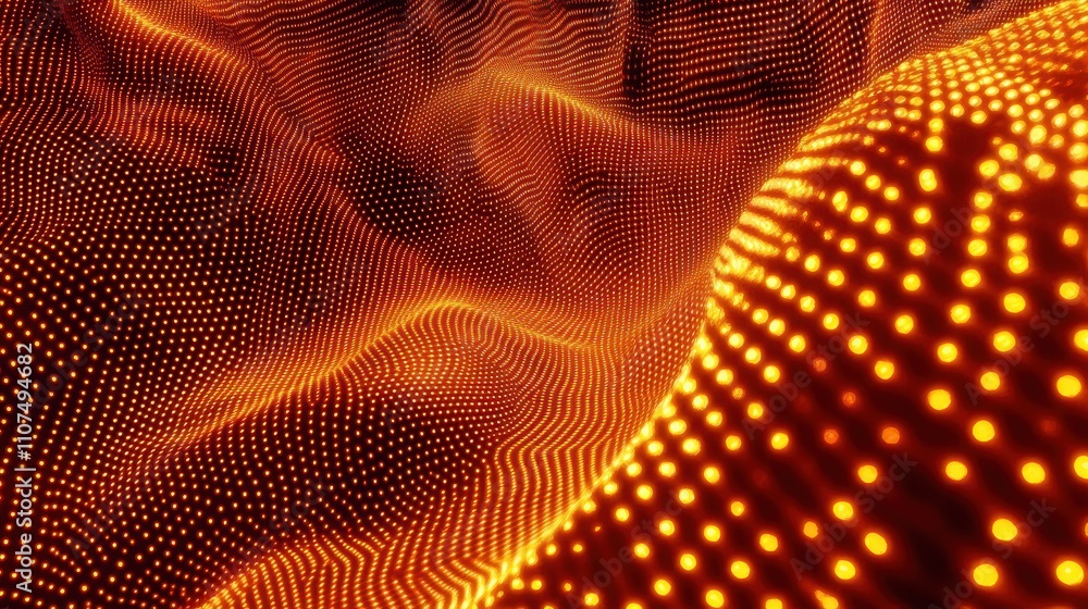 Poster Abstract digital landscape with flowing waves and glowing dots in vibrant orange tones, representing futuristic technology and data visualization concepts.
