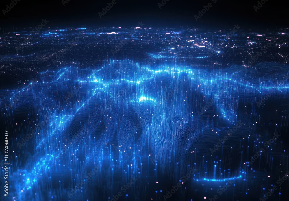 Poster abstract digital landscape with glowing lines and dots representing a world map in blue colors ideal