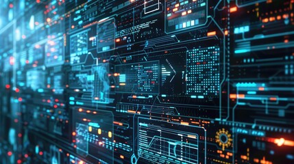 Fototapeta premium Futuristic digital interface displaying data and analytics in a high-tech environment.