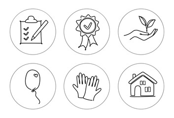 A set of hand-drawn monochrome highlights in line art style for design and promotion of social networks.