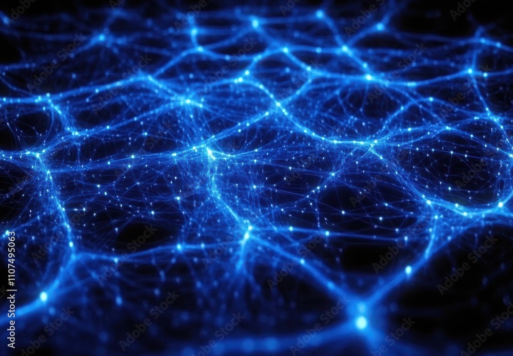 Poster abstract digital network with glowing blue nodes and interconnected lines representing data connecti