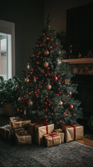 Mobile phone wallpaper: cozy Christmas scene with a decorated tree, twinkling lights, and wrapped gifts underneath, set in a dimly lit room with natural lighting