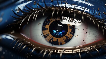 Obraz premium Futuristic robot eye technology, blue digital iris