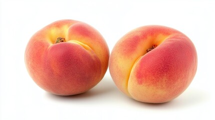 Two peaches are sitting on a white background. One is slightly larger than the other. The peaches are ripe and ready to eat