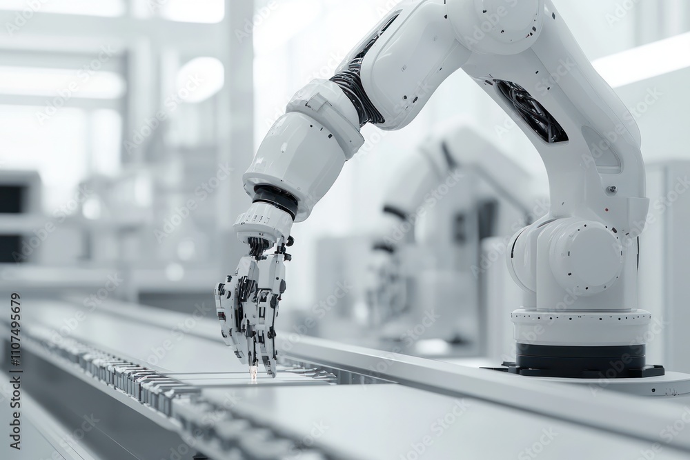 Poster robotic arm precisely placing a small object on a conveyor belt in a clean, modern factory setting.
