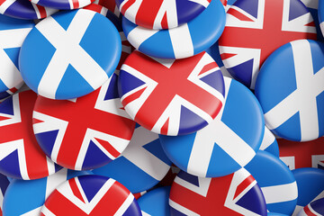 Heap of badges of national flags of the UK and Scotland. Illustration of the idea of  Scottish independence