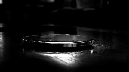 Obraz premium Sleek black wireless charger on dark wood.
