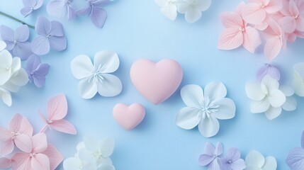 Pastel flowers and hearts arrangement, soft pink blue and white colors, delicate floral background