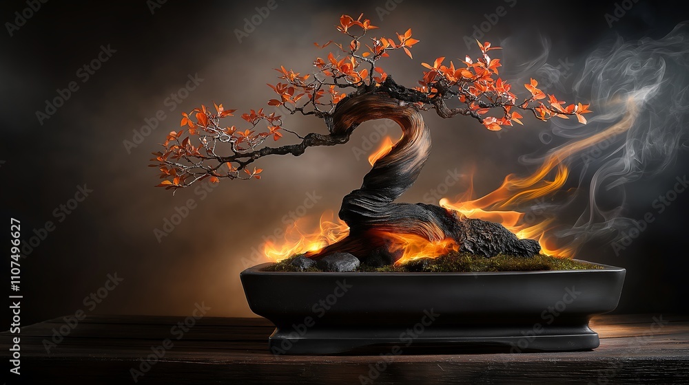 Poster a striking bonsai tree with vibrant red leaves appears to be intertwined with flames, creating a dra
