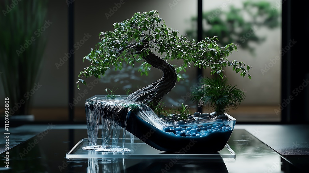 Poster a serene bonsai tree with cascading water in a modern pot, set against a minimalist background, crea