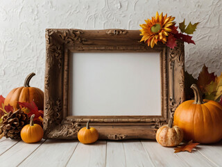 An ornate empty frame surrounded by Thanksgiving-themed decorations like pumpkins and autumn leaves.