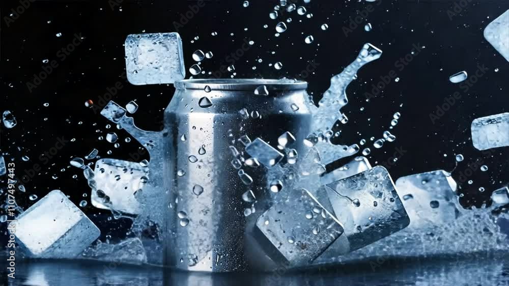 Poster refreshing silver can surrounded by ice cubes and splashing water, with dynamic movement of droplets