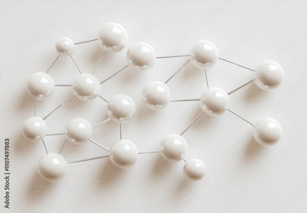 Poster abstract representation of a molecular structure with white spheres interconnected by thin lines, sy