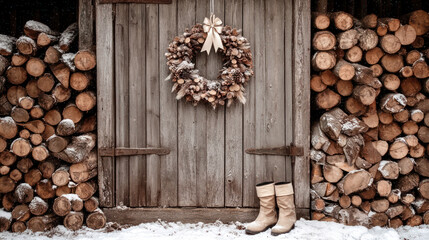 A cozy winter scene featuring a wooden barn door adorned with a festive wreath, surrounded by stacked firewood and snow-covered boots.
