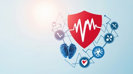 A graphic representing health and wellness with a heart shield, heartbeat line, and various health icons.