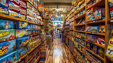 Fototapeta premium A Whimsical Toy Shop Filled with Colorful Toys, Magical Atmosphere, and Charming Playful Details for Children