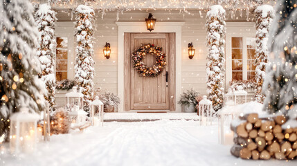 A cozy winter scene featuring a wooden barn door adorned with a festive wreath, surrounded by stacked firewood and snow-covered boots.
