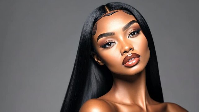 Luxury hair extension ad featuring a beautiful African American woman, flaunting flawless makeup, glossy lips, and long, pin-straight black hair