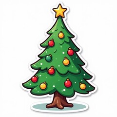 Fototapeta premium cartoon christmas tree with star and tree decorations on white background