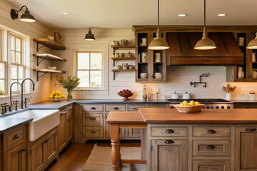 Rustic Farmhouse Kitchen-a kitchen with wood cabinets and a table