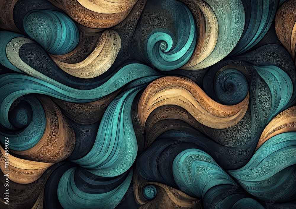Poster abstract swirl patterns in vibrant turquoise, gold and black tones: a dynamic flow of color and text