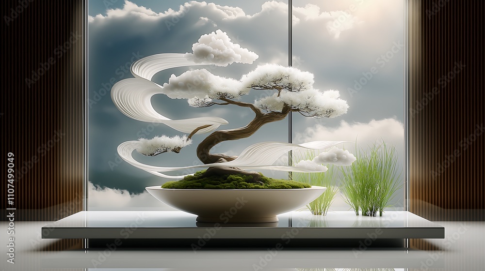 Poster a serene indoor scene featuring a stylized bonsai tree surrounded by clouds, illuminated by soft lig