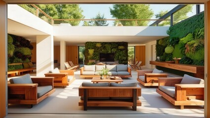 Fototapeta premium A modern, airy living space with wooden furniture and lush greenery, blending indoor and outdoor aesthetics for a serene atmosphere.
