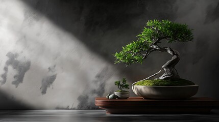 A serene bonsai tree sits in a simple pot, illuminated by soft light, showcasing its vibrant green leaves against a muted background.