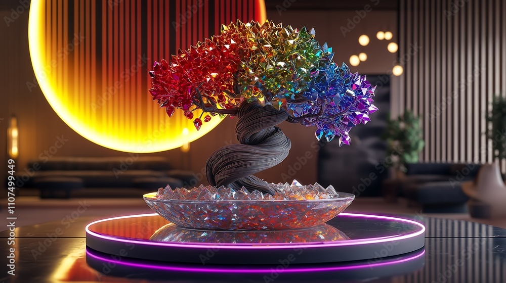 Poster a vibrant, decorative tree with multicolored leaves sits in a modern setting, illuminated by soft li